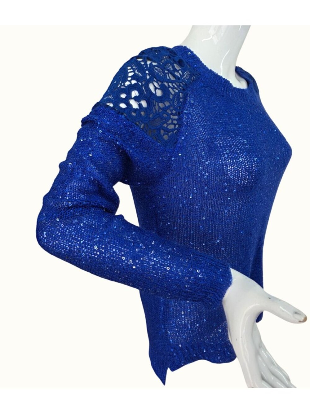 Miss Kelly 1999 Blue Sequin Open Knit Sweater Womens S Crochet Lace Shoulder NEW
